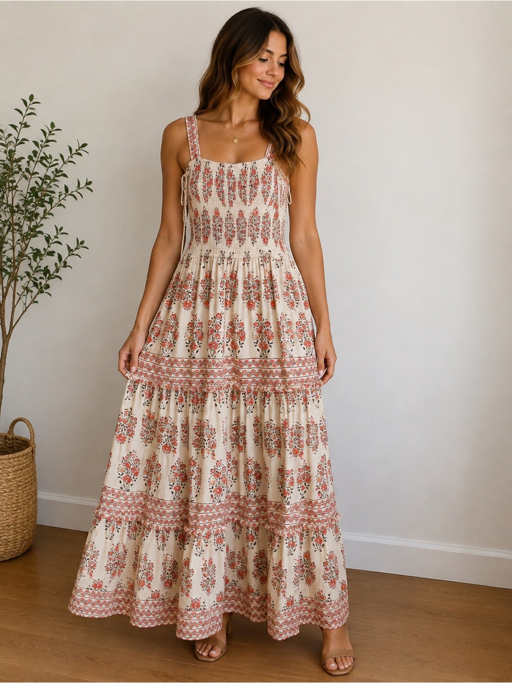 Sincerely Jules Cream Maxi Dress with Coral Floral Print